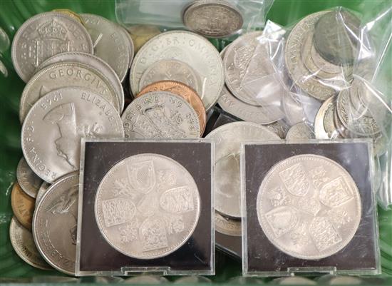 A collection of mainly British coinage, Georgian and later, including an 1889 crown and an 1817 shilling,